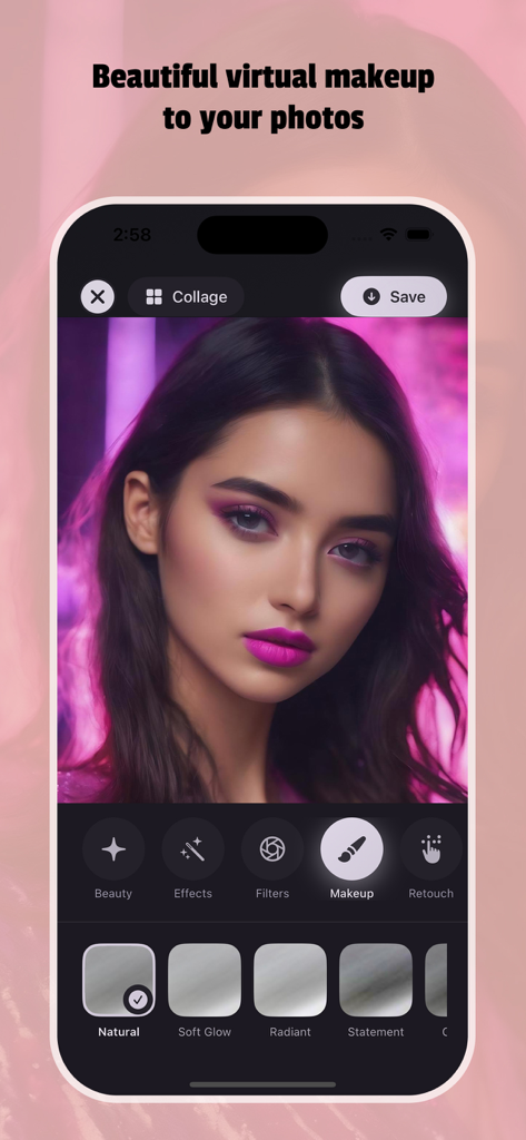 Photo Edit Studio+ - Interfaz de una aplicación móvil mostrando el retrato de una mujer con opciones de maquillaje virtual como brillo natural y suave.