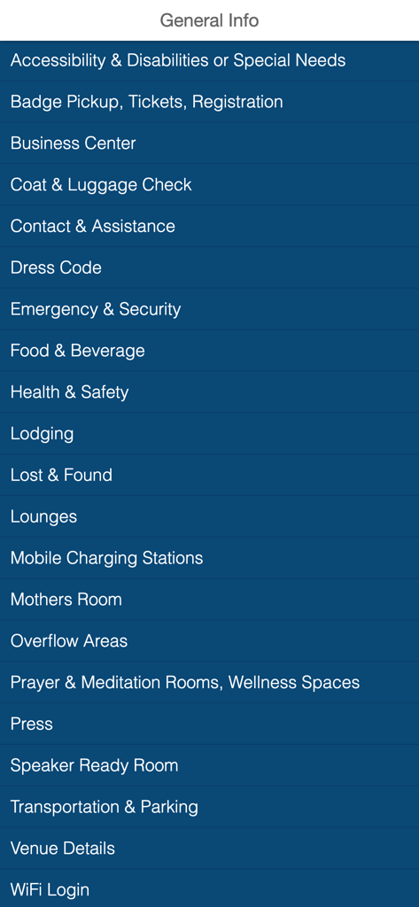 EventPilot Conference App - Lista de enlaces de información general del evento en la aplicación de conferencias EventPilot, incluidos logística y detalles del lugar