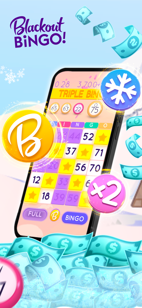 Blackout Bingo - Win Real Cash - Blackout Bingo 앱 인터페이스에 빙고 카드와 현금 상금이 표시됩니다.