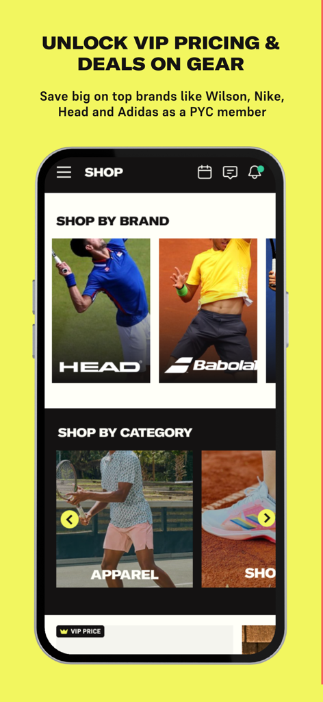 PlayYourCourt app shop screen showing VIP deals on tennis brands and gear categories