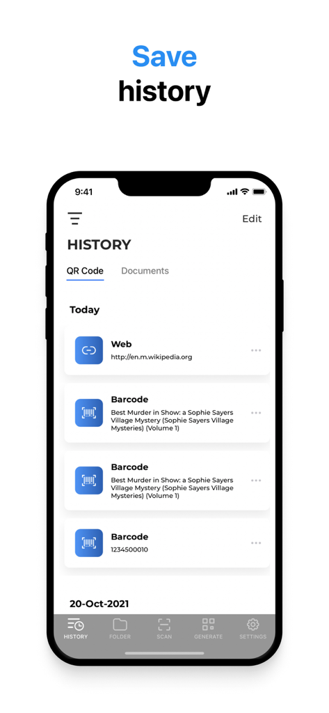Qr-Code Scanner & Creator App - Pantalla de la aplicación móvil que muestra una lista del historial de escaneos guardados de códigos QR y códigos de barras