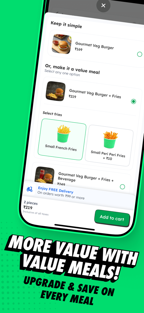 Bistro: Food in minutes - Bistro app interface showing options to upgrade a burger to a value meal with fries and a drink.
