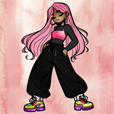 girl in baggy pants crop top and long hair