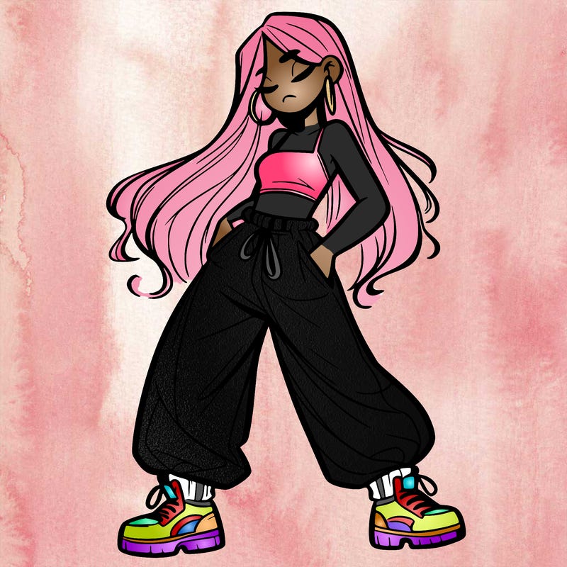 girl in baggy pants crop top and long hair