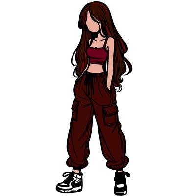 girl in baggy pants crop top and long hair