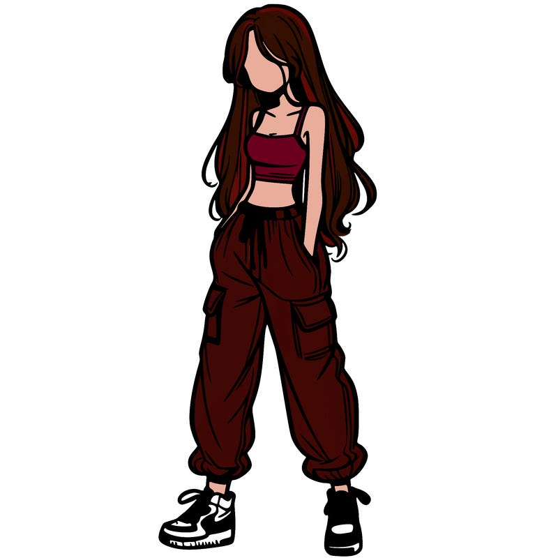 girl in baggy pants crop top and long hair