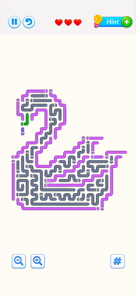 Snake Arrows Puzzles Escape - Logic puzzle level with purple and grey snake arrows forming a swan shape.