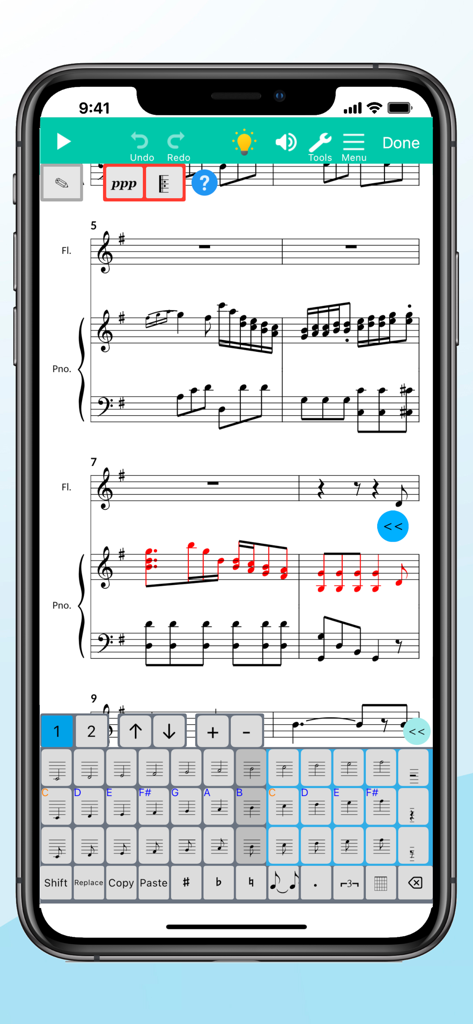 Score Creator: compose music - A smartphone screen showing the Score Creator app with sheet music and a specialized notation keyboard.