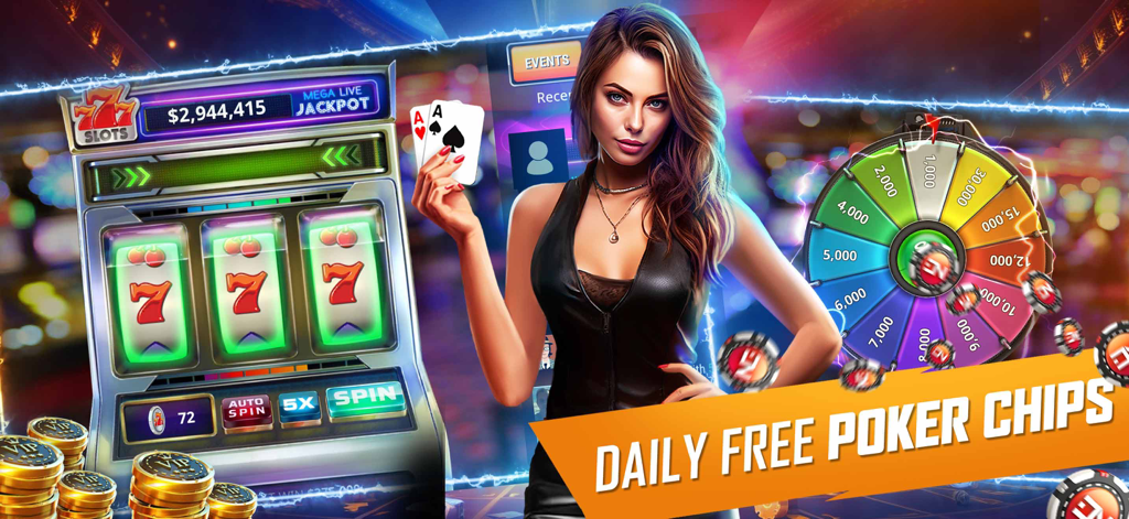 Texas Holdem: Poker Legends - A woman holding poker cards next to a slot machine and lucky spin wheel for daily free chips