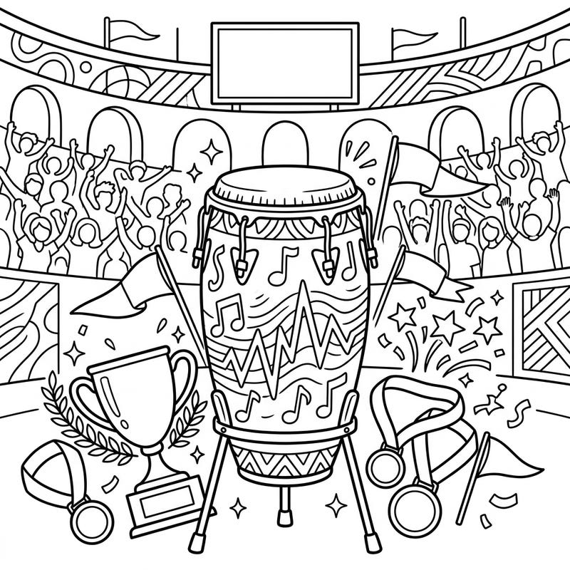 Immerse yourself in the rhythm of victory with this unique coloring page featuring a conga drum amidst an exciting sports event. Fans cheer and medals gleam, inviting you to add your vibrant touch to this festive scene.