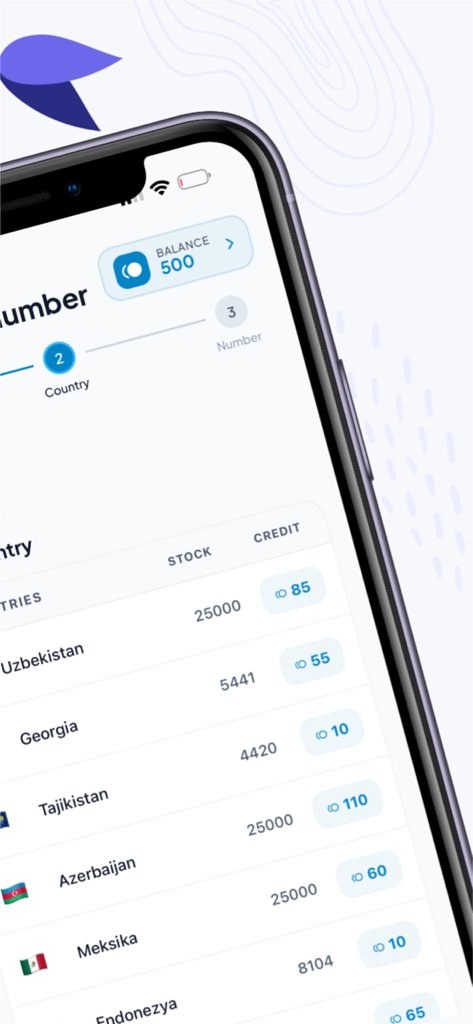 Interface de aplicativo móvel mostrando uma lista de países e custos de crédito para obter um número de telefone virtual