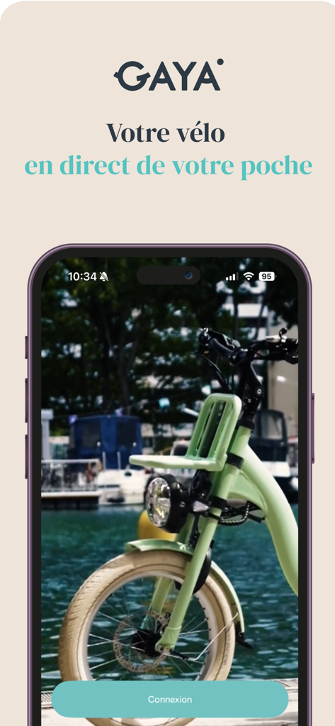 GAYA - Smartphone screen showing the GAYA app login with a picture of a GAYA electric bike.