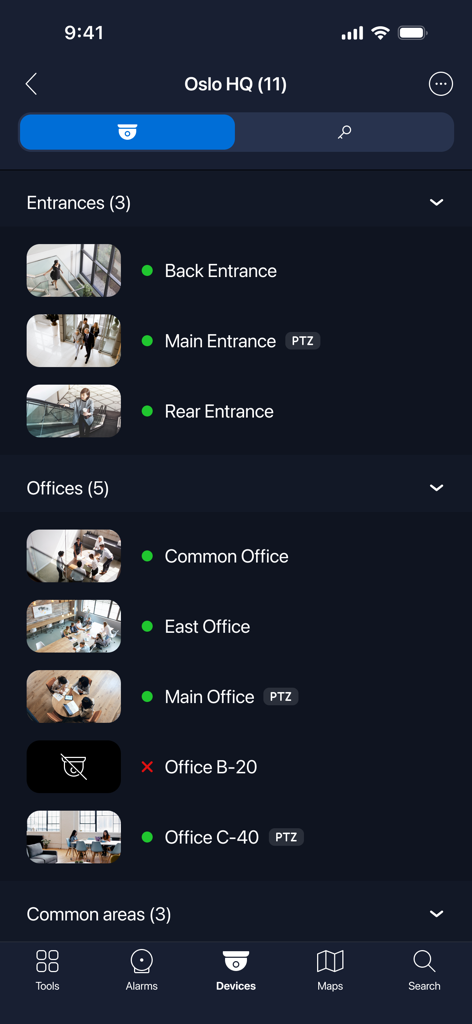Alta Video - Alta Video app interface showing a list of security cameras organized by location with status indicators