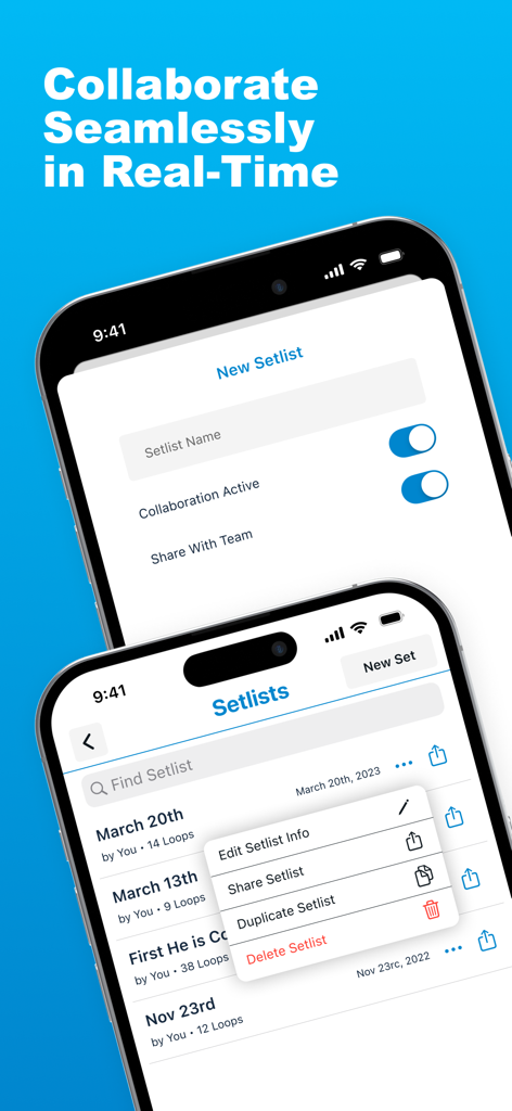 Loops & Clicks - LiveTrackz - LiveTrackz app interface showing setlist management and real-time collaboration tools for musicians.
