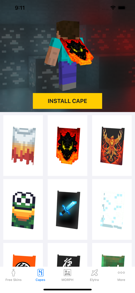 Selection of custom Minecraft capes in the Morph Mod app
