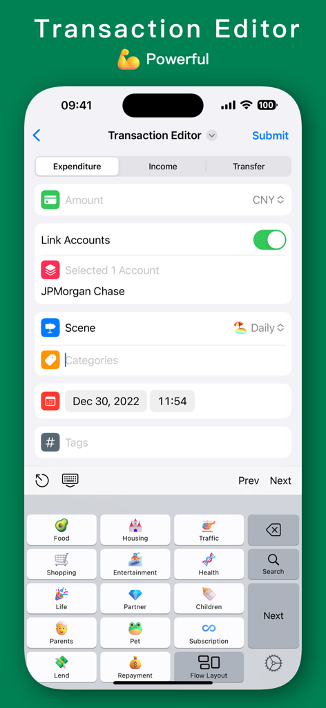 MoneyThings - Finance Tracker - MoneyThings app transaction editor screen for manual expenditure entry featuring various category icons like food housing and shopping