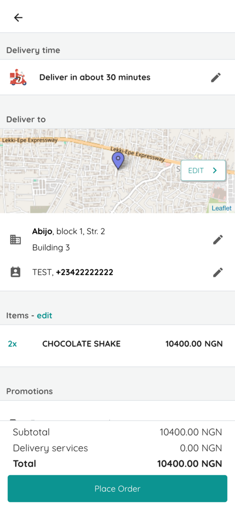 Scoop'd Ice Cream Bar - Order summary screen on the Scoop'd Ice Cream Bar app showing a delivery map and chocolate shake selection.