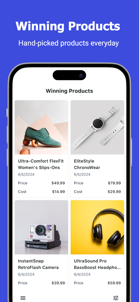 Dropshipping+ - Dropshipping Plus app interface displaying handpicked winning products with pricing details