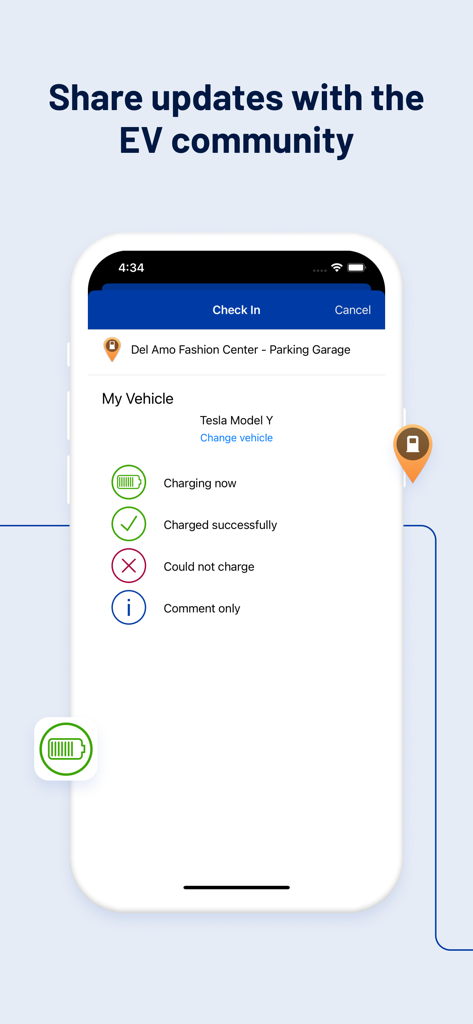 PlugShare mobile app check-in screen for sharing electric vehicle charging status and updates.