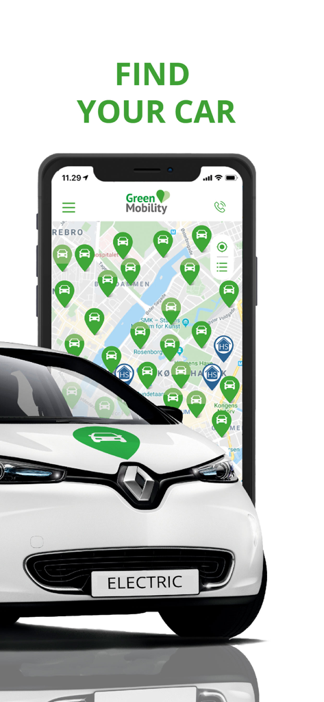Interfaz de la aplicación GreenMobility que muestra coches eléctricos disponibles en un mapa de la ciudad junto a un vehículo eléctrico blanco