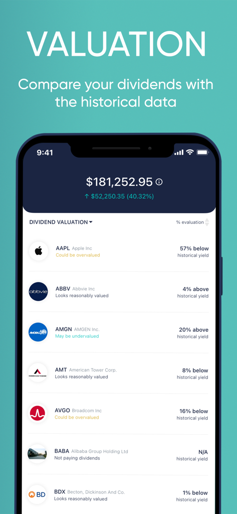 Dividend Tracker: Stock Market - Interface d'application boursière montrant une liste d'actions avec une analyse de valorisation basée sur le rendement historique des dividendes