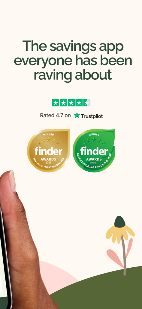 Blossom – Save & Invest. - Blossom savings app showing a 4.7 Trustpilot rating and Finder awards for best investment innovation and green investing