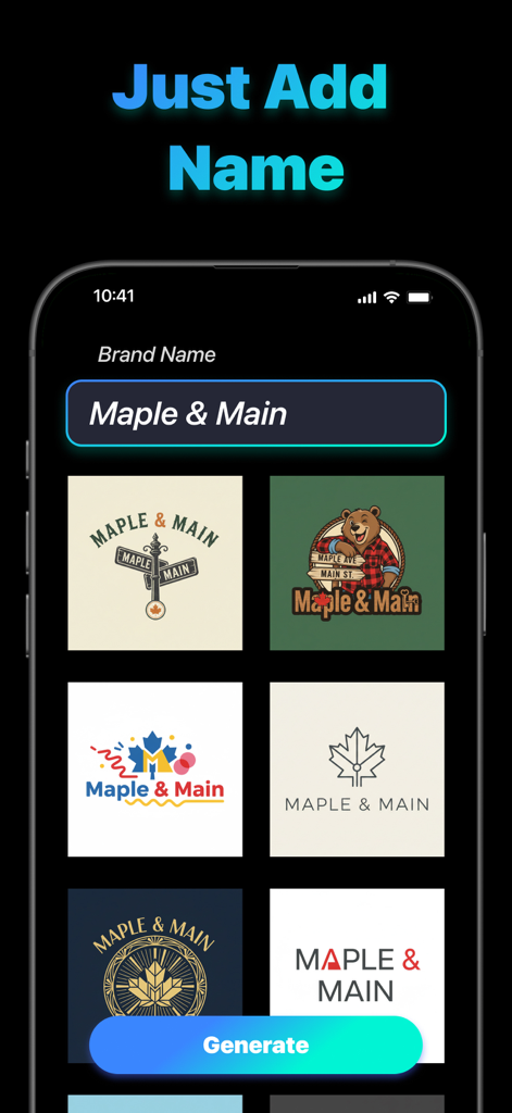 Kitnex 앱 인터페이스에 'Maple and Main' 브랜드 이름에 대한 여러 AI 생성 로고 옵션이 표시됩니다.