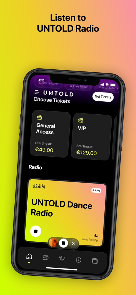 Mobile Benutzeroberfläche der Untold Festival App, die Ticketkaufoptionen und den Live-Dance-Radio-Player anzeigt