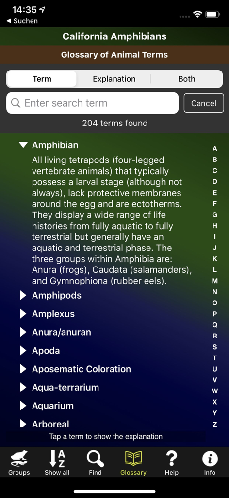 California Amphibians - Glossary of animal terms in the California Amphibians app showing the definition of an amphibian