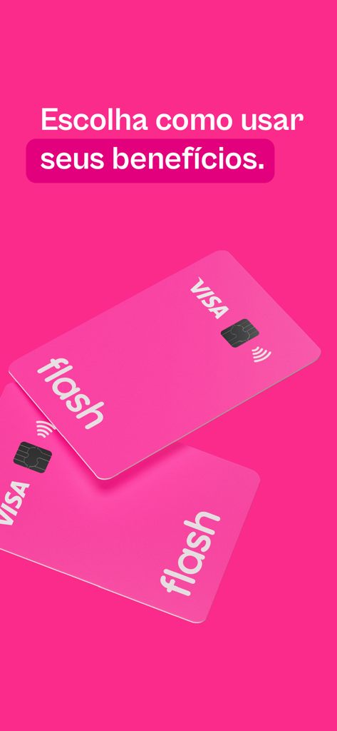 Two pink Flash Visa corporate benefit cards on a pink background with text in Portuguese