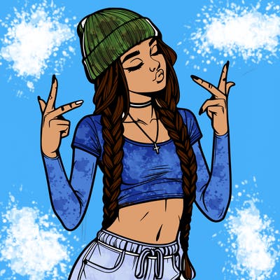 realistic teenage girl with braids and a beanie and crop top doing 🫶🏼