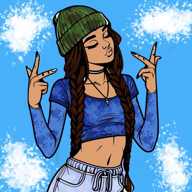realistic teenage girl with braids and a beanie and crop top doing 🫶🏼