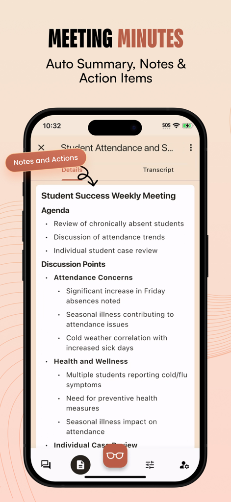 Hedy AIアプリのインターフェースは、議題、議論のポイント、アクションアイテムを含む自動会議要約を表示しています。