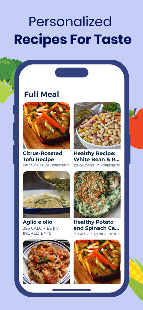 Taste Of Home - Allrecipes - Mobile app interface showing personalized healthy recipes with calorie counts and ingredient numbers.