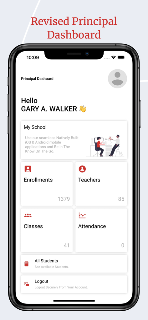 Panel del director en la aplicación COMSOL MySchool que muestra inscripciones de estudiantes, profesores, clases y estadísticas de asistencia