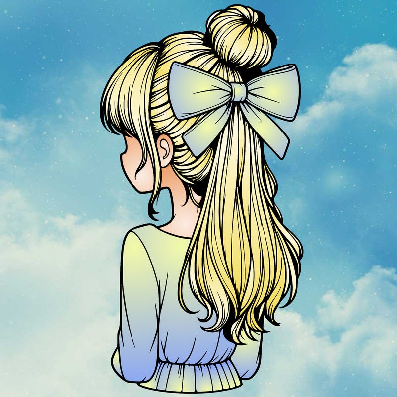 realistic girl  with hip length hair a bun and a big bow on the back of head