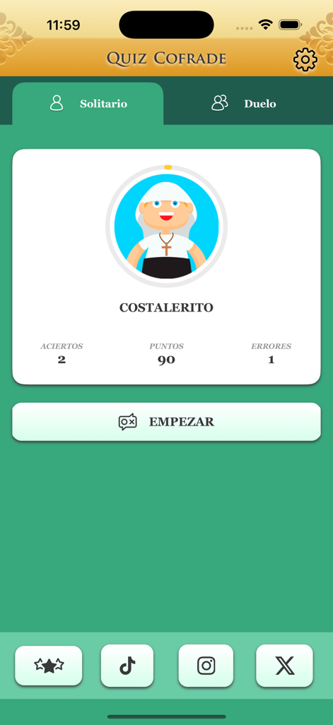 Captura de pantalla de la aplicación móvil Quiz Cofrade que muestra el perfil del jugador Costalerito con estadísticas del juego y un botón de inicio