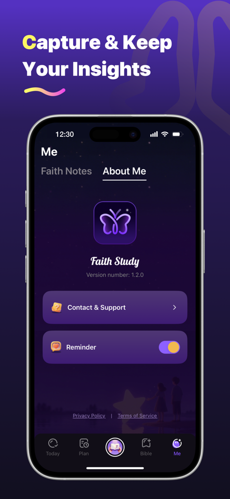 FaithStudy app user profile page with settings for reminders and contact support