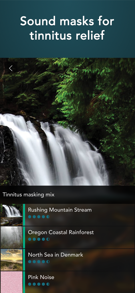 Tinnitus Aid: ringing relief - Tinnitus Aid mobile app screen showing nature sound masks for tinnitus relief