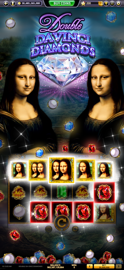 Lake of The Torches Slots - A gameplay screenshot of the Double DaVinci Diamonds slot machine within the Lake of the Torches Slots app featuring Mona Lisa icons and colorful gems