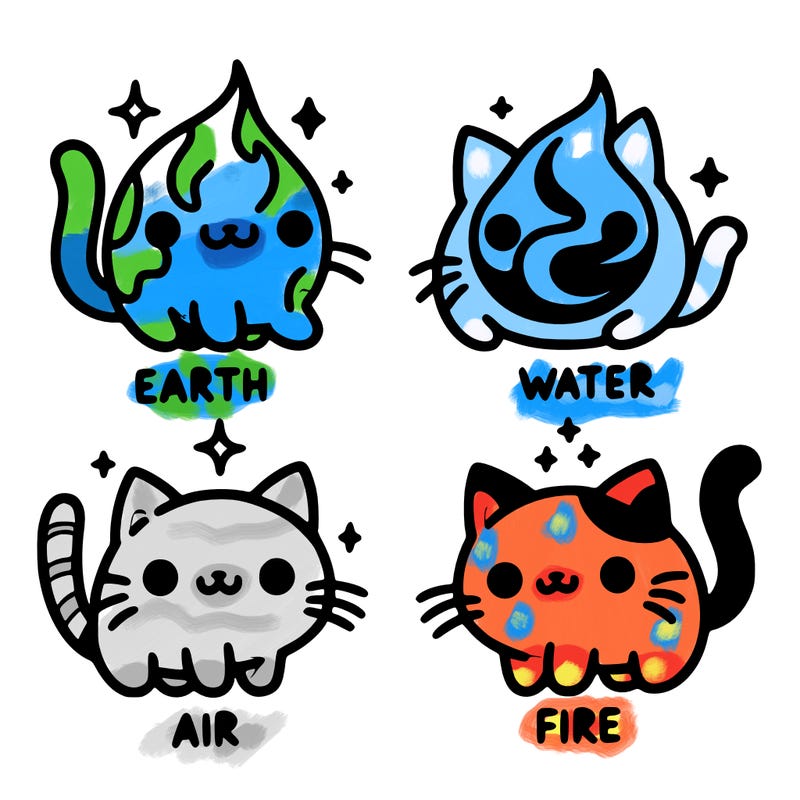 4 cats that represent the different elements, earth, water, air, and fire