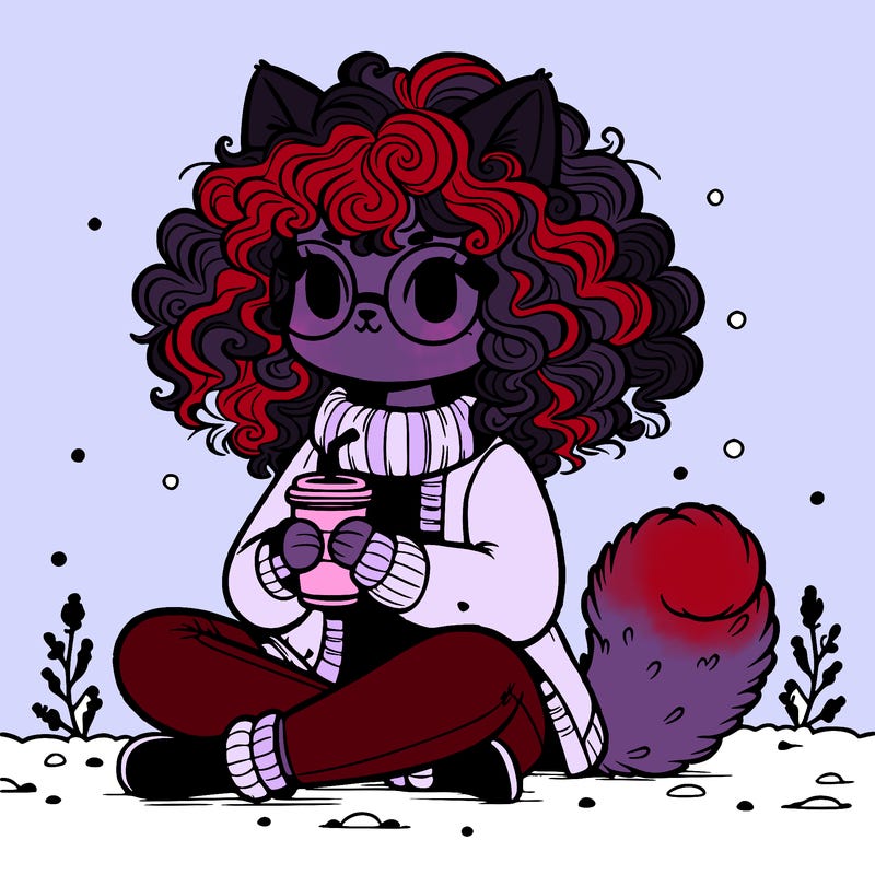 curly-haired catgirl in jeans and a cardigan, wearing glasses, fluffy tail, sipping hot chocolate while it snows outside, blunt haircut