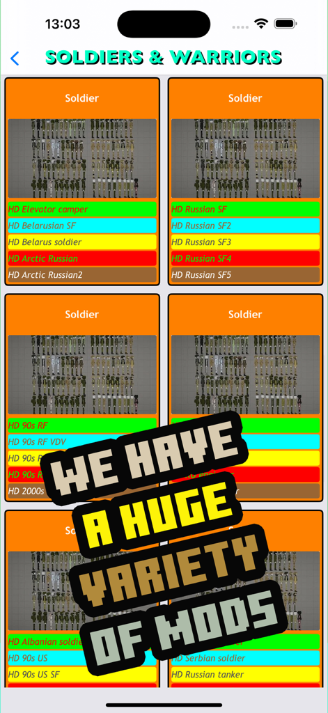 Una pantalla que muestra una variedad de mods de militares y soldados para la aplicación Playground Ragdoll.