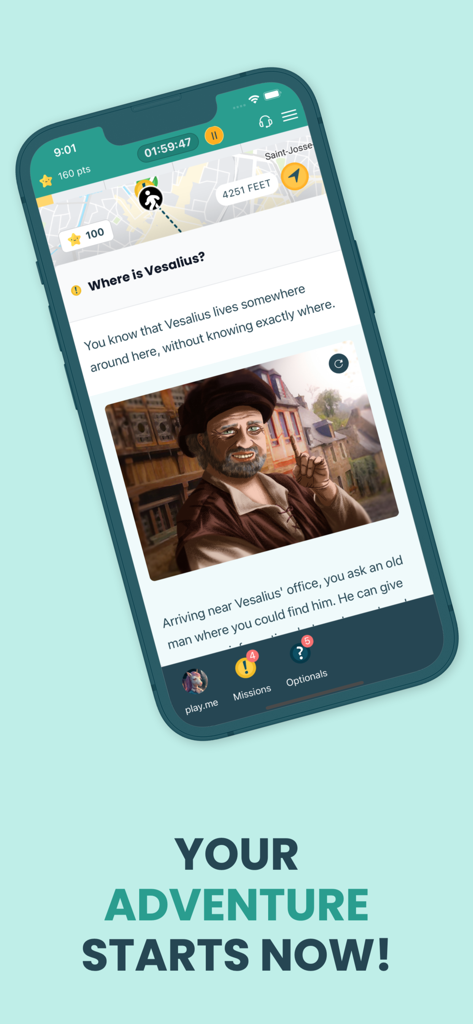 Coddy - Interface de l'application Coddy montrant une mission de jeu d'évasion urbain avec une carte et une énigme narrative.