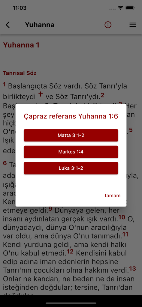 Cross reference pop up window over the Gospel of John in the Kutsalkitap app