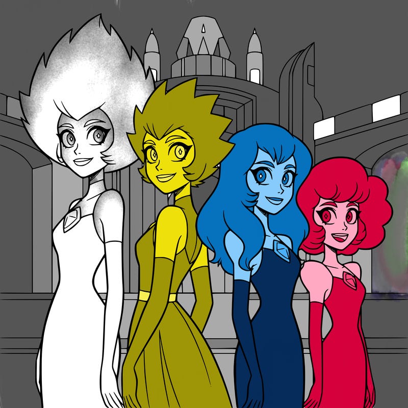 diamonds from steven universe, standing side by side, tall elegant