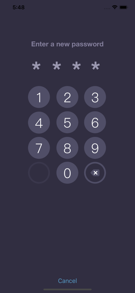 Interfaz de teclado numérico para configurar una nueva contraseña en la aplicación Expenses OK