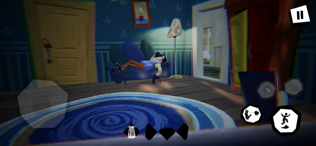 Gameplay screenshot of the Neighbor sleeping on a blue sofa while the player sneaks through the house