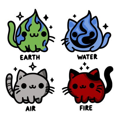 4 cats that represent the different elements, earth, water, air, and fire
