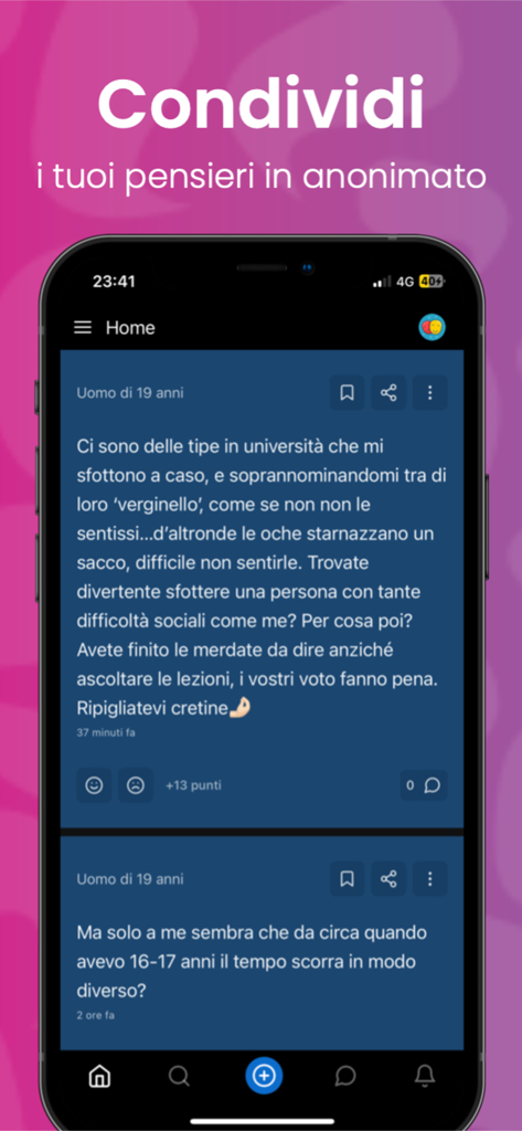 insegreto - Capture d'écran du fil d'actualité de l'application insegreto montrant des secrets et confessions d'utilisateurs anonymes en mode sombre